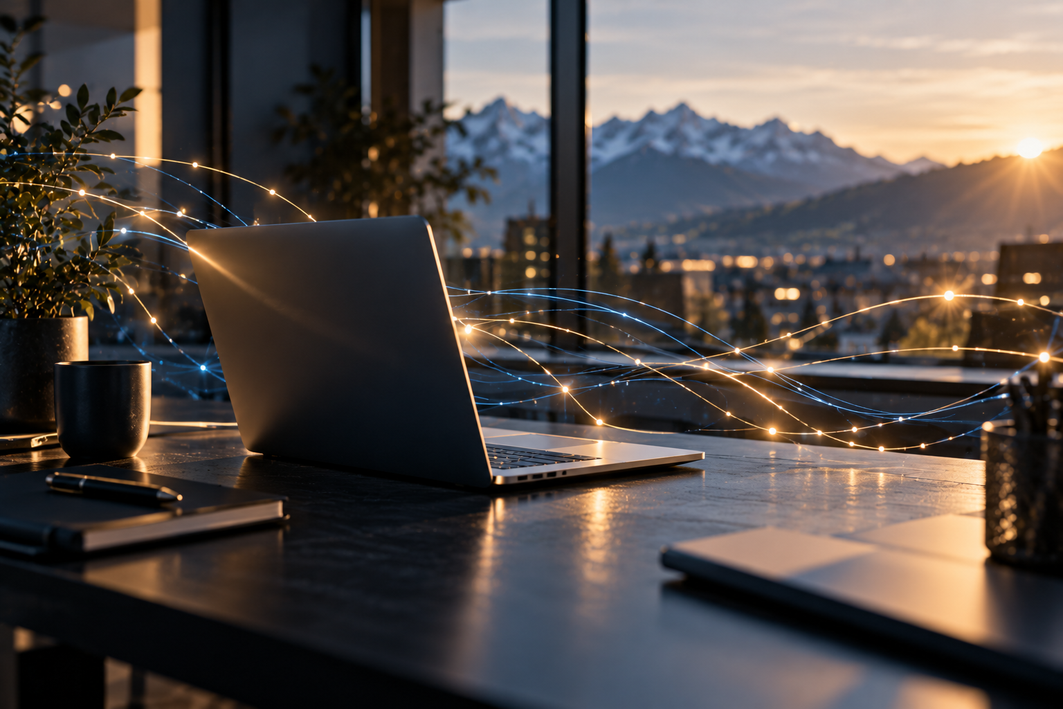 Abstrakte digitale Arbeitsumgebung als Symbol für Cyberrisiken und IT-Sicherheit